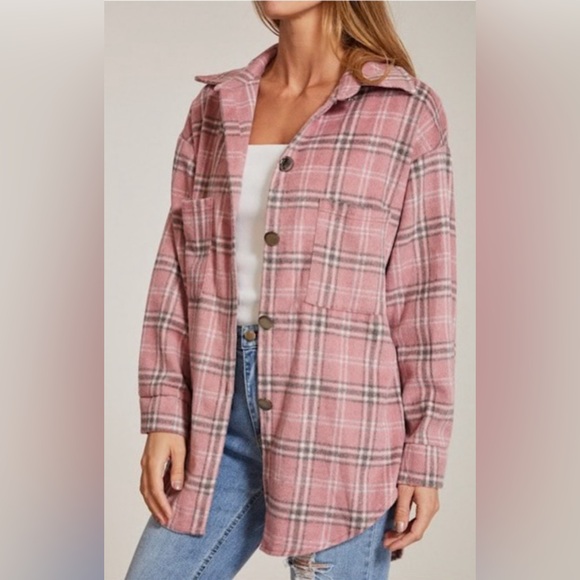 New Fall Pink And Gray Plaid Button Down Shacket - Picture 4 of 4